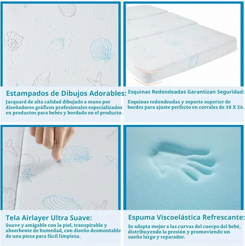 Vista 6 de Pack and Play - Colchón de 38 x 26 pulgadas, colchón de tres pliegues con bolsa de viaje, protector de colchón para cuna con suave, transpirable