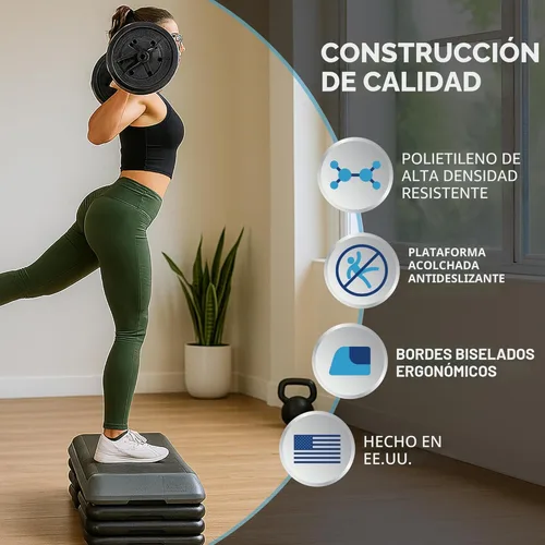 Vista 5 de La Plataforma de Ejercicio STEP Original, Escalón de Tamaño de Gimnasio para Ejercicio en Casa con 4 Elevadores Apilables para Ajustes de Altura
