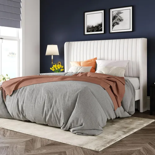 Vista 21 de Allewie Marco de cama de tamaño matrimonial/plataforma tapizada de terciopelo, cabecero con alas capitoné de canal vertical/listones de madera Verde