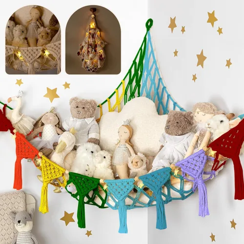 Vista 11 de TIDYTEDS Macramé DreamLights Hamaca de Red de Almacenamiento de Animales de Peluche Boho Extra Grande Soporte de Almacenamiento de Juguetes de Azul