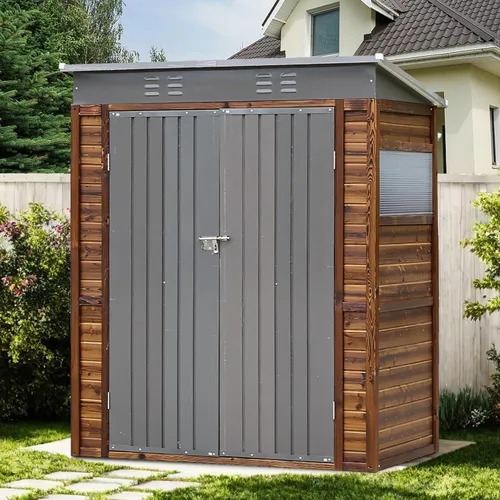 Vista 13 de EUHOME - Cobertizo de almacenamiento para exteriores de 3x5 pies, de madera maciza y acero, con puertas dobles con cerradura y ventanas