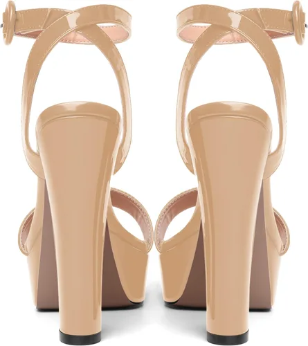 Vista 4 de SHOWFOREST Sandalias de tacón alto para mujer, con hebilla de plataforma y hebilla de charol y correa de tobillo de bloque sólido, 5 pulgadas Beige