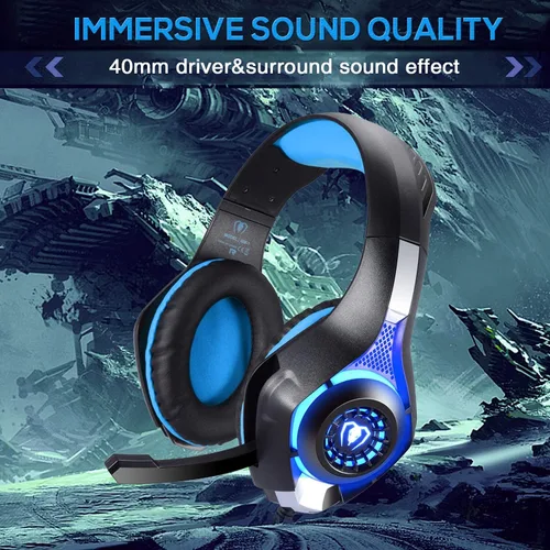 Vista 3 de BlueFire Auriculares profesionales para PS4 de 0138in con micrófono y luces LED para Playstation 4 PS5 Xbox One laptop computadora azul