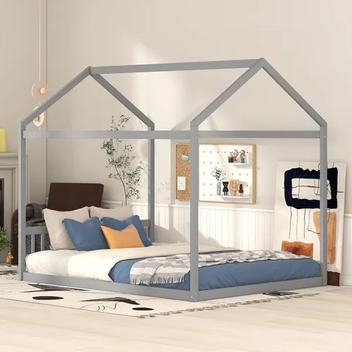 Vista 3 de Cama Montessori Queen con techo y cabecero, base de cama de plataforma baja de madera con soporte de listones, camas Montessori para dormitorio