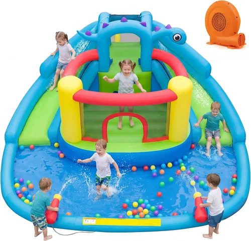 Vista 15 de BOUNTECH Tobogán acuático inflable, estilo dinosaurio, parque de toboganes dobles con casa de rebote, castillo de salto con 2 cañones de agua