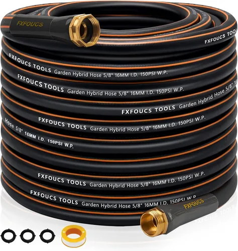 Manguera de Jardín de Servicio Pesado – Manguera Híbrida Flexible y Ligera de 5/8 Pulgadas con Presión de Ruptura de 600 PSI, Mango Giratorio y Negro