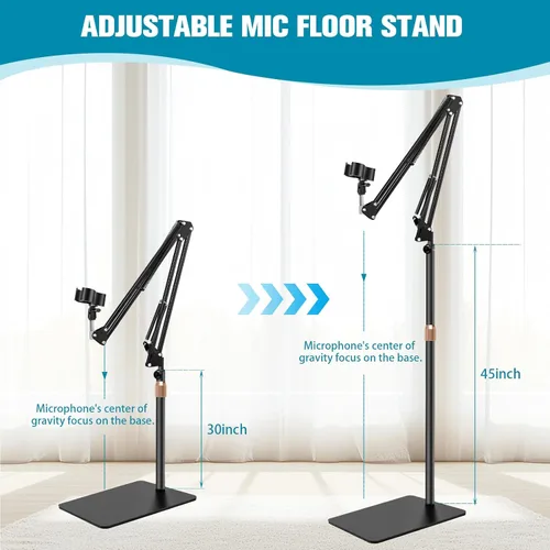 Vista 6 de BILIONE Soporte de micrófono con base ponderada, soporte de micrófono de piso con brazo de boom y bandeja de accesorios para micrófono, soporte