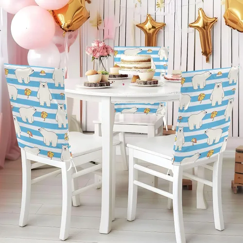 Vista 4 de Chair Slipcovers Soft for Dining Set of 6 Office Chair Cover cubre sillas para comedor Blue White Striped Bear