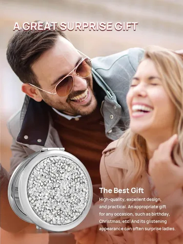 Vista 6 de OMIRO Espejo compacto de aumento 1X/10X, mini espejo de maquillaje de bolsillo de metal con diamante de mezcla (plata)