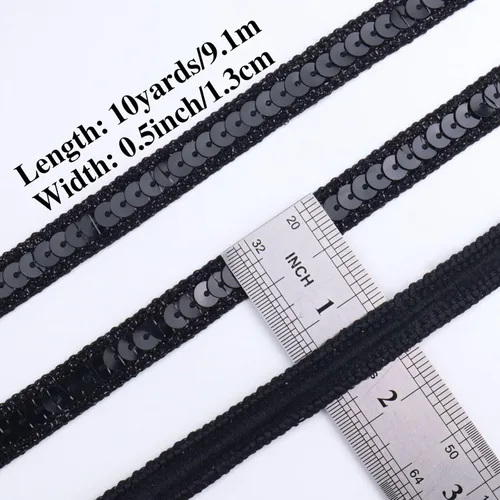 Vista 2 de Cinta de lentejuelas negras con purpurina plana para coser, 10 yardas