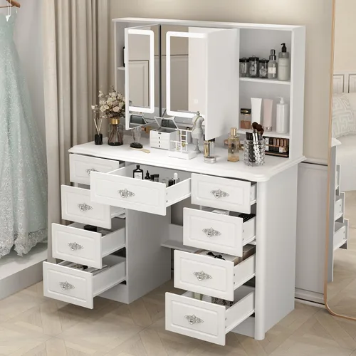 ECACAD Moderno escritorio de maquillaje con espejo iluminado, tocador con 9 cajones, estantes ocultos y espejo plegable, 3 modos de iluminación de