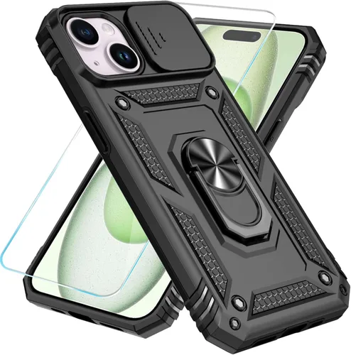 Vista 3 de SunStory Funda compatible con iPhone 15 con protector de pantalla HD, cubierta de cámara deslizante y soporte de anillo giratorio, [grado militar]
