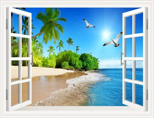 Vista 8 de Pintura autoadhesiva 3D, calcomanías de pared falsas para ventana, isla tropical con palmeras, mural de pared, vista de ventana, decoración de pared