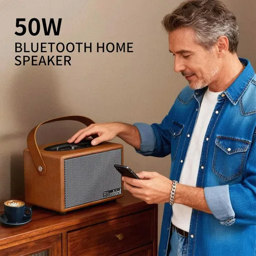 Vista 4 de Altavoces Bluetooth retro, altavoz Bluetooth portátil para el hogar, altavoz Bluetooth inalámbrico con graves profundos, sonido estéreo fuerte