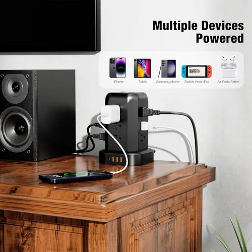 Vista 3 de Regleta protectora de sobretensiones de enchufe plano, cable de extensión eléctrico de 5 pies, regleta de alimentación de torre negra con 12 salidas