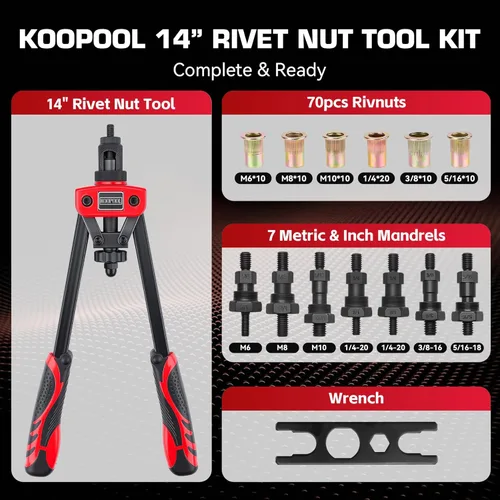 Vista 2 de KOOPOOL Kit de herramientas de tuerca remachadora de 14 pulgadas, herramienta de remache resistente con 7 mandriles