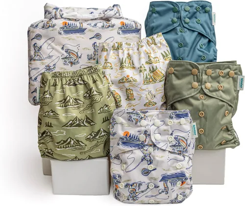 Vista 35 de Big Adventure Kinder - Juego de 5 pañales de tela reutilizables para bebé, estilo de bolsillo, jersey atlético que absorbe la humedad, insertos