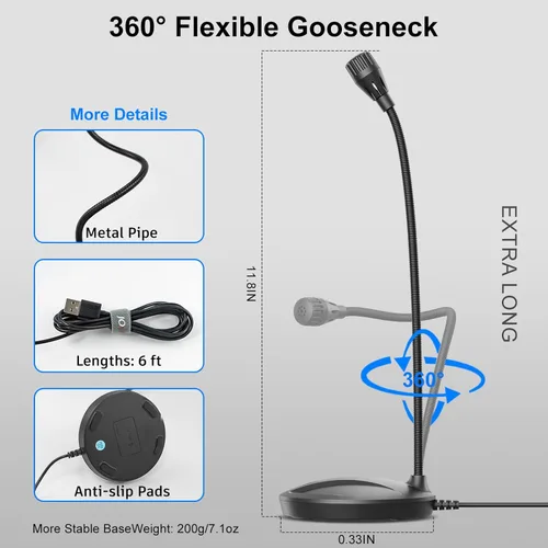 Vista 6 de Micrófono de instrumento para cantar, podcasting, grabación de video de voz, micrófono USB de escritorio Plug & Play para PC con botón de silencio e