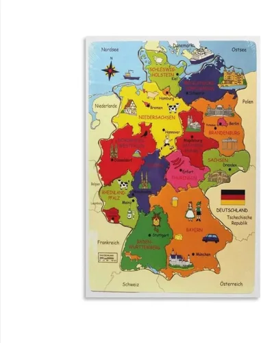 Póster de mapa de Alemania de los estados federales de pintura abstracta de mapa de Estados Federales, impresiones artísticas de pared para