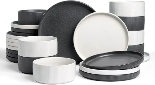 Vista 32 de Juego de vajilla Famiware Star con tazas, servicio para 4 (16 piezas), platos y cuencos de gres acanalado, resistentes a las astillas y a