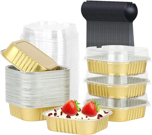 Vista 13 de LNYZQUS Moldes para Mini Pasteles de Cupcake de 5 oz con Tapas, Paquete de 40, Moldes de Papel de Aluminio para Cupcakes, Moldes para Hornear