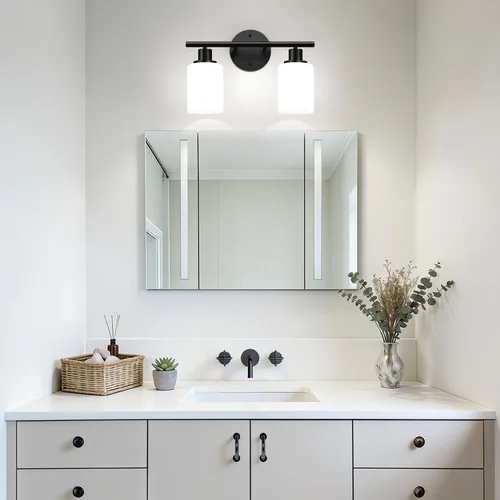 Vista 6 de Zarbitta 2-Light Bathroom Light Fixtures,Black Modern Vanity Lights with Milky White Frosted Glass Shades,Bathroom Wall Lamp for Mirror Kitchen