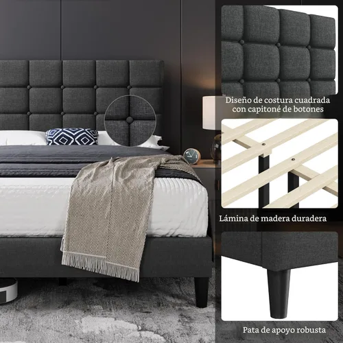 Vista 4 de Yaheetech Base de cama tapizada, moderna plataforma de cama full con cabecera de costura cuadrada y botones capitoné, altura ajustable, soporte