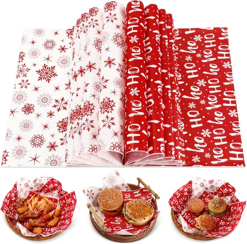 Vista 9 de Fumete 80 piezas de hojas de papel encerado de Navidad para alimentos, papel encerado con copos de nieve, papel encerado Hoho, envoltorios a granel