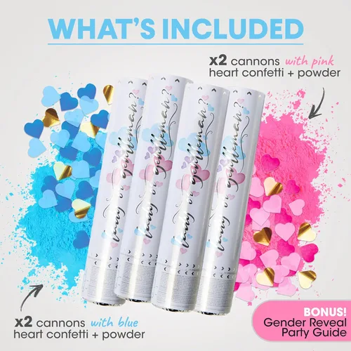 Vista 3 de PrimePure Cañón de confeti para revelación de género, polvo biodegradable y confeti en forma de corazón, 2 rosas y 2 azules, paquete de 4
