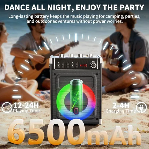 Vista 4 de JYX - Máquina de karaoke con 2 micrófonos inalámbricos, altavoz Bluetooth portátil con ajuste de graves/agudos y luz LED, compatible con TWS