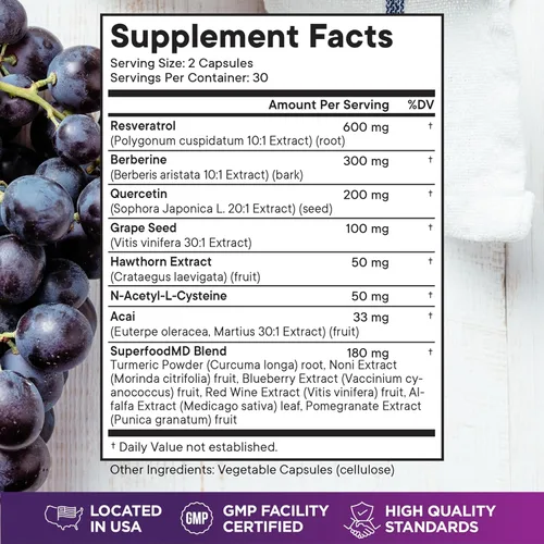 Vista 2 de Resveratrol Berberina Extracto de semilla de uva Quercetina - Suplemento de polifenol con extracto de noni, N-acetil cisteína, extracto de acai