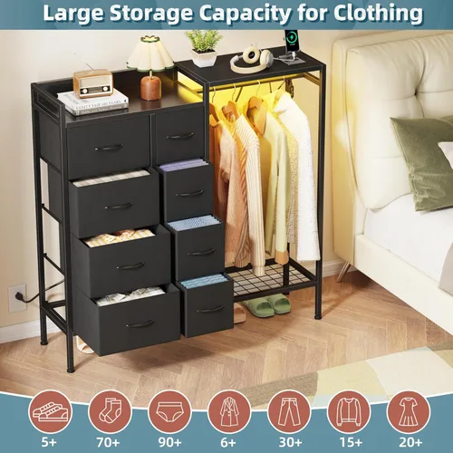 Vista 5 de HIGDBFE Cómoda con estante para colgar, cómoda de 8 cajones para dormitorio con estación de carga y luces LED, cómoda de tela con zapatero, cómoda