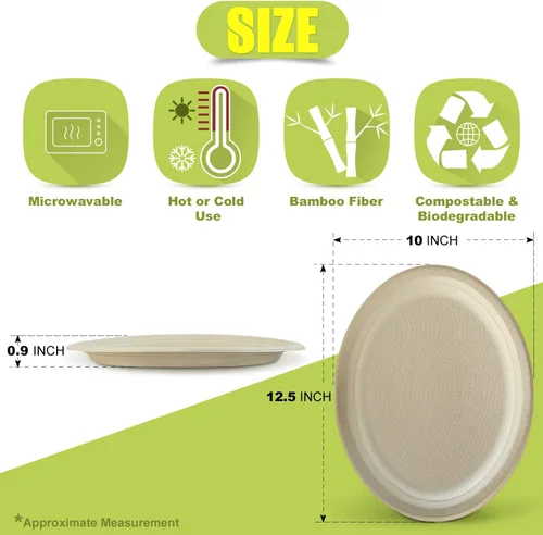 Vista 41 de Green Earth, Platos compostables de 10 pulgadas, 125 unidades, fibras de bambú naturales, vajilla diaria – biodegradable – Desechable forma ovalada