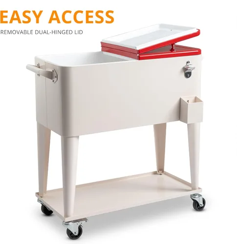 Vista 5 de Hielera con ruedas de 80 cuartos de galón de acero inoxidable con rueda y asa, enfriador de pie para bebidas, barra de bebidas, conveniente