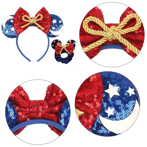 Vista 5 de Diadema de orejas de ratón y coleteros de terciopelo para mujer, diadema brillante y diadema con micrófono para fiesta de cumpleaños