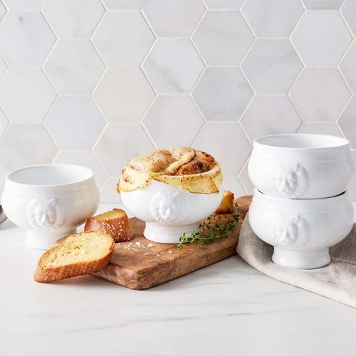 Vista 3 de Sur La Table White Porcelain Lion's Head - Juego de 4 elegantes platos para servir de 14 onzas para estofado y comidas calientes, vajilla clásica
