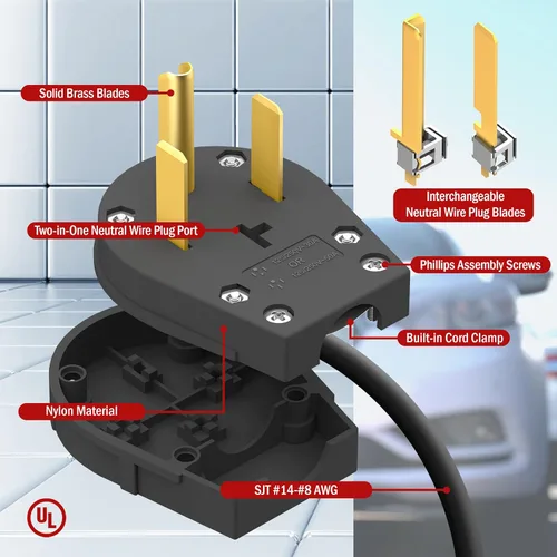Vista 3 de ENERLITES Enchufe angular de hoja recta, enchufe de ángulo macho de repuesto para secadora de CA, NEMA 14-30/50P, 50 Amp, 125V/250V, 66351-BK, negro