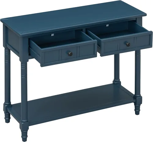 Vista 24 de P PURLOVE Mesa consola de madera con 2 cajones y estante inferior para dormitorio (azul marino)