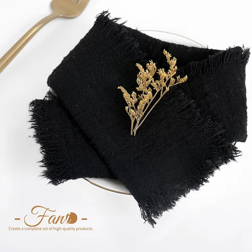 Vista 7 de Paquete de 60 servilletas de tela hechas a mano con flecos, servilletas de lino de algodón negro, servilletas de cena de algodón rústico suave
