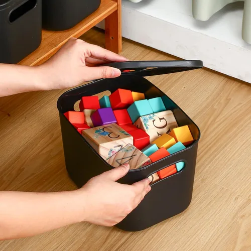 Vista 5 de Hoolerry 8 contenedores de almacenamiento coloridos con tapa, cesta de almacenamiento de plástico, contenedor organizador apilable con asa para Negro