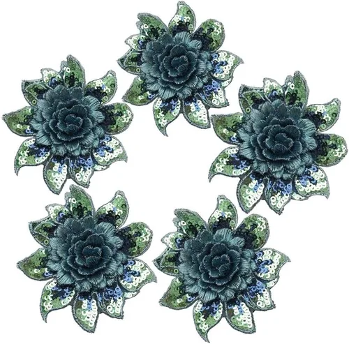 Vista 12 de 5 parches de flores con lentejuelas, bordado, manualidades, costura (diámetro: 3.1 in) (azul)
