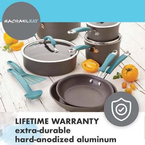 Vista 6 de Rachael Ray Cucina - Sartén antiadherente con mango auxiliar y proceso de anodizado duro., 14", azul/gris(Gray with Blue Handles)