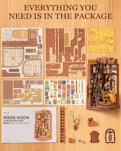 Vista 9 de Rolife Kit de rincón de libros para bricolaje, estudio de esquina silenciosa, rompecabezas 3D, decoración creativa británica para adultos, kits