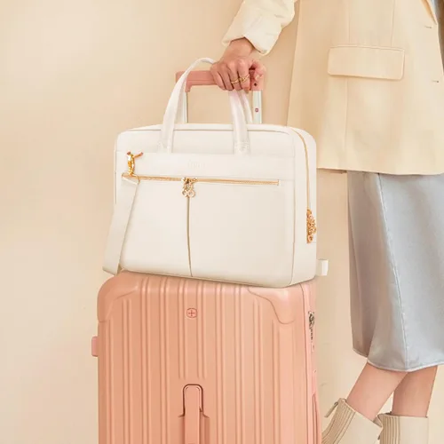 Vista 2 de Ferkurn Funda para Laptop para Mujeres y Hombres, Bolsa para Computadora Compatible con MacBook/HP/LG/Dell, Correa de Hombro Delgada Maletín Beige
