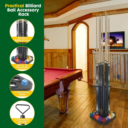 Vista 3 de Soporte de piso para taco de billar de madera, organizador de sala de juegos, con capacidad para 9 tacos, juego completo de bolas y accesorios
