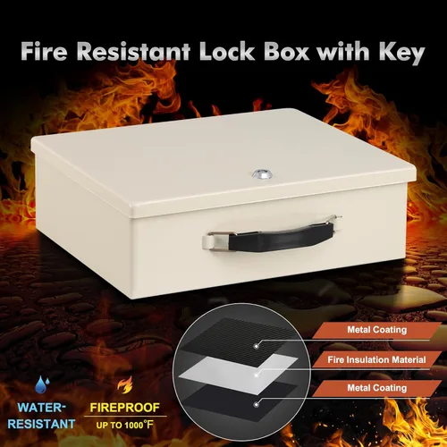 Vista 3 de KYODOLED Caja de documentos ignífuga con cerradura de llave, caja de almacenamiento segura para objetos de valor, seguridad resistente al fuego