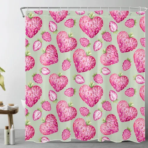 Vista 10 de LB Pink Strawberry Valentine's Day Shower Curtain for Bathroom,Creative Heart Shaped Strawberry with Green Leaf on Black Fabric Shower Curtain with