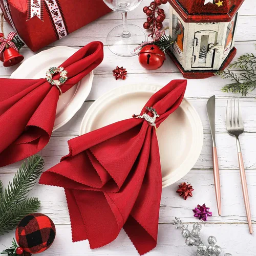Vista 7 de Sliner Juego de 24 servilletas y anillos de Navidad, 12 servilletas de Navidad lavables de color rojo y 12 servilleteros de Navidad para cenas