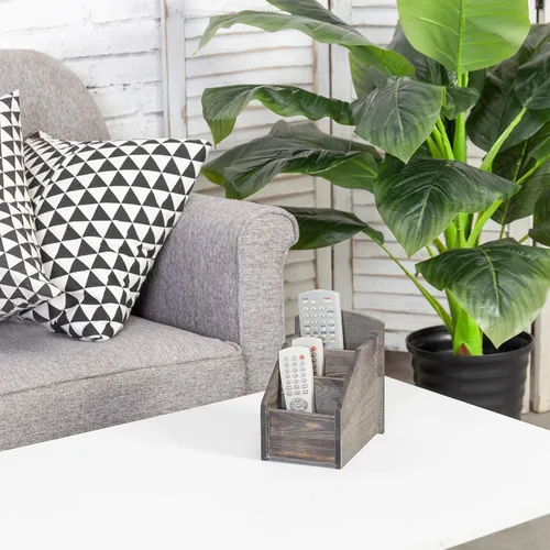Vista 8 de MyGift Organizador rústico de madera gris oscuro con 3 compartimentos, caja de almacenamiento remoto para TV y medios para sala de estar