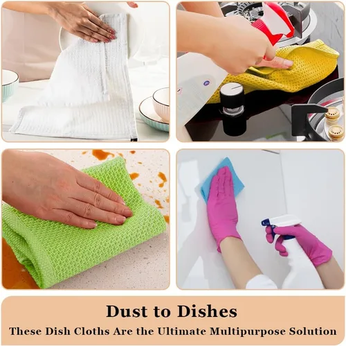 Vista 7 de Paños de limpieza de platos de cocina, paños de cocina con diseño de toalla de gofre, trapos de algodón lavables de 12 x 12 pulgadas para secar
